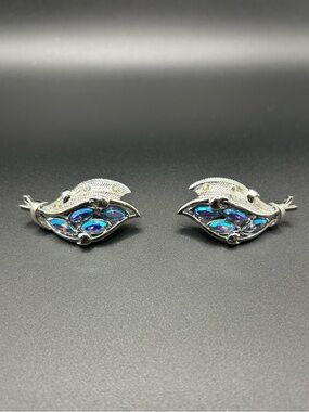 Silver Leaf Earrings with Blue Opalescent Stones Coro